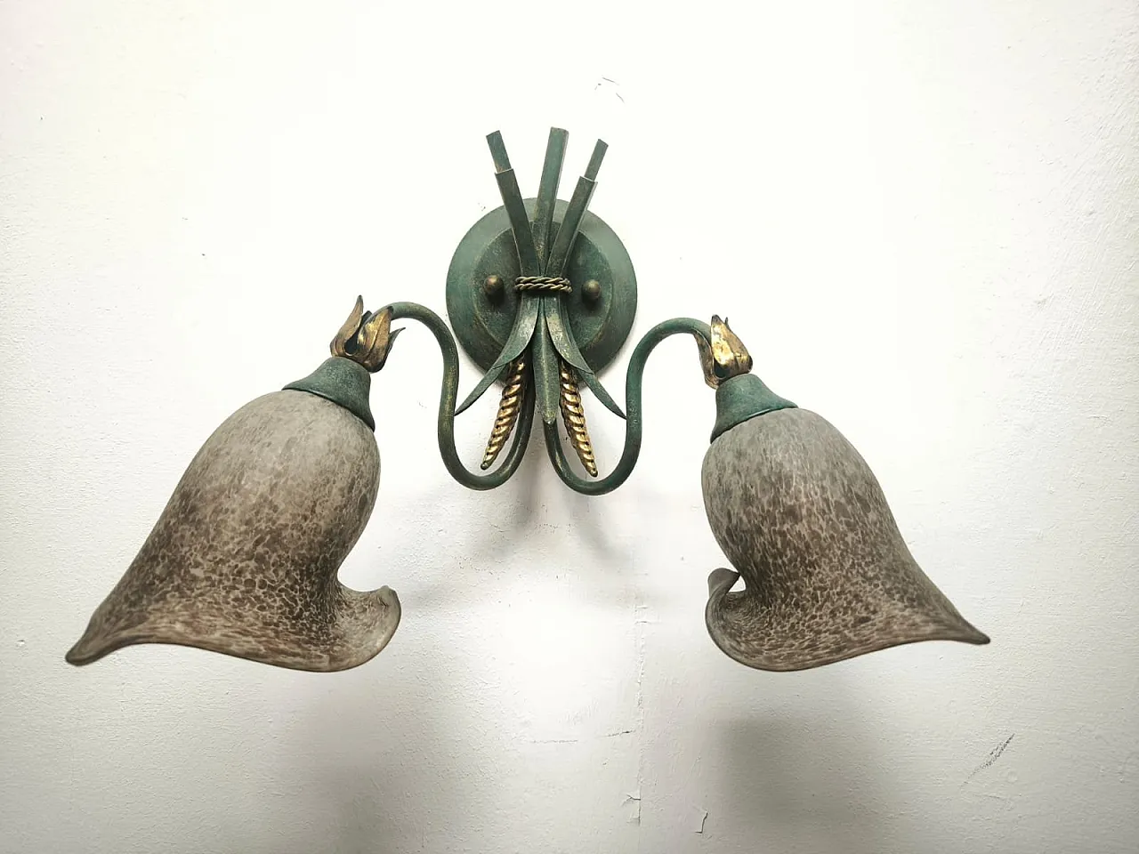 Two-Light wheat ear wall lamp with Murano glass, 1980s 1