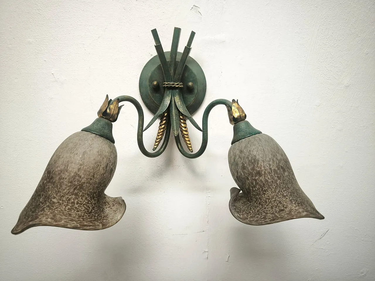 Two-Light wheat ear wall lamp with Murano glass, 1980s 9