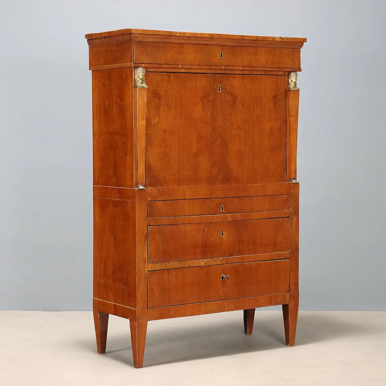 Empire secretaire in walnut and walnut feather, 19th century 1