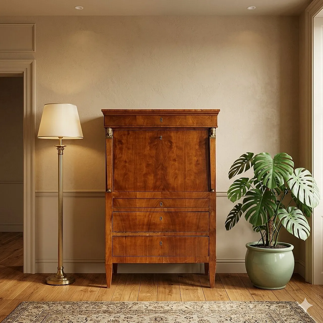 Empire secretaire in walnut and walnut feather, 19th century 2