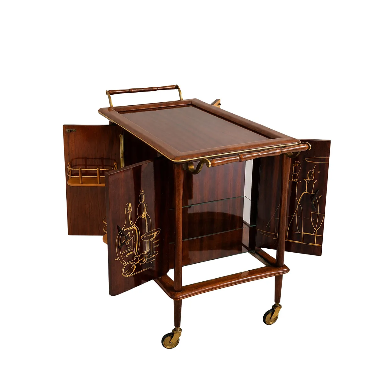 Carrello mobile bar italiano anni ’60 in legno attribuito a Ico Parisi 1