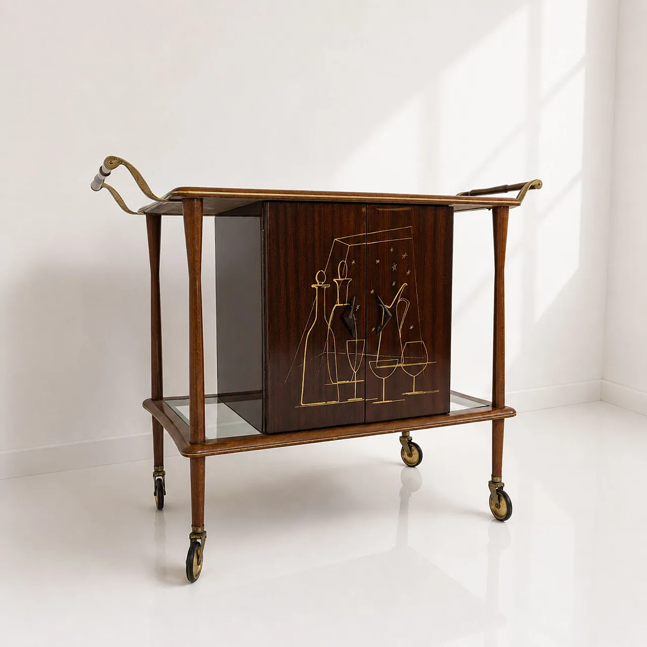 Carrello mobile bar italiano anni ’60 in legno attribuito a Ico Parisi 3