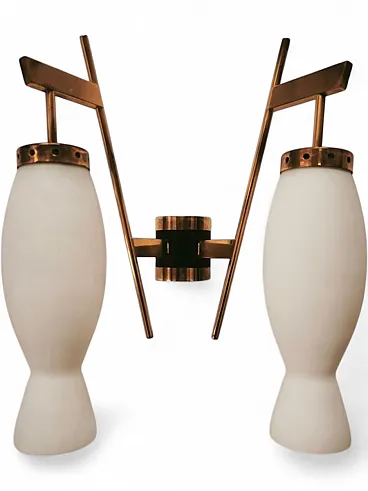 Brass wall lamp with double opal glass light, 1960s