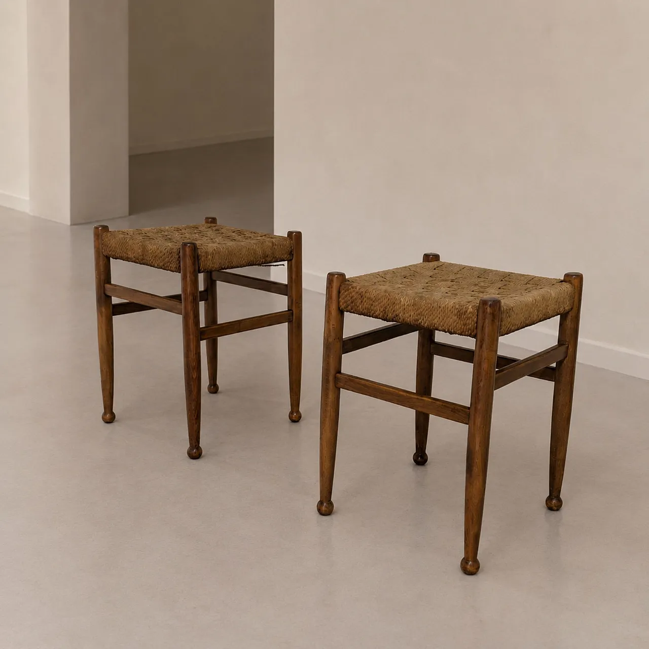 Coppia di sgabelliin legno e corda stile Charlotte Perriand, anni ’60 4