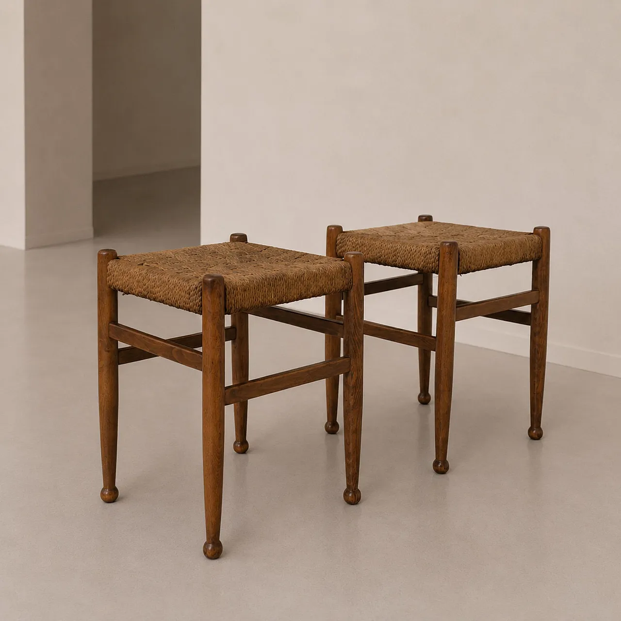 Coppia di sgabelliin legno e corda stile Charlotte Perriand, anni ’60 6