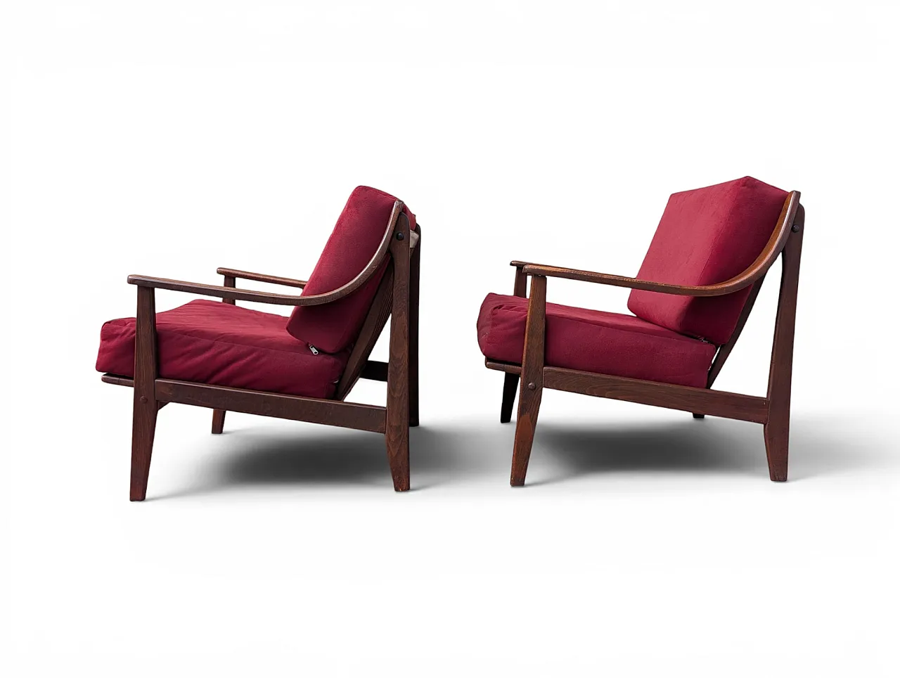 Pair of Mid-Century armchairs in wood and burgundy velvet, 60s 4