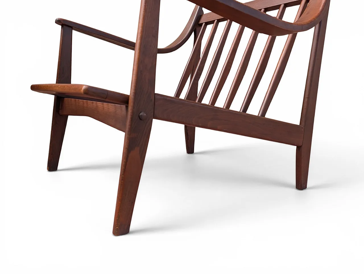 Pair of Mid-Century armchairs in wood and burgundy velvet, 60s 7