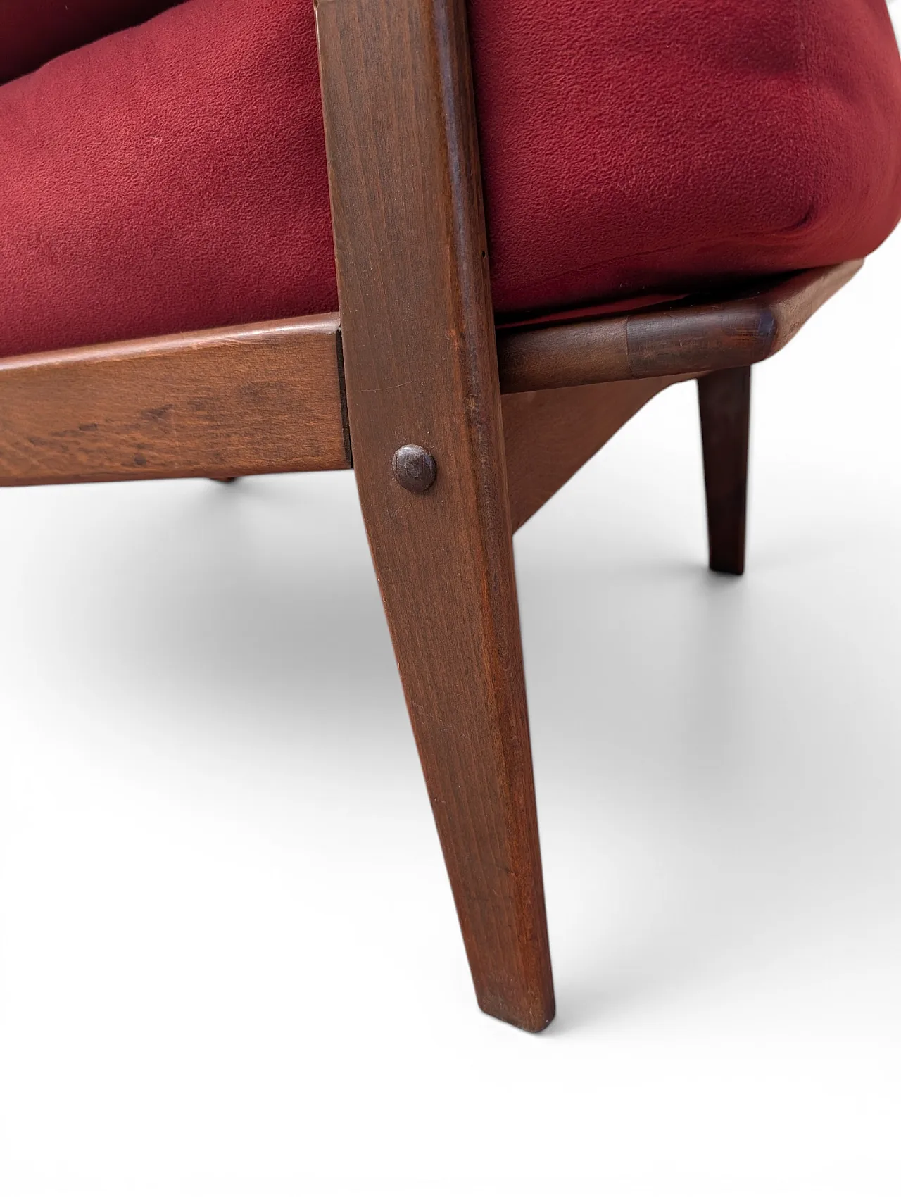 Pair of Mid-Century armchairs in wood and burgundy velvet, 60s 8