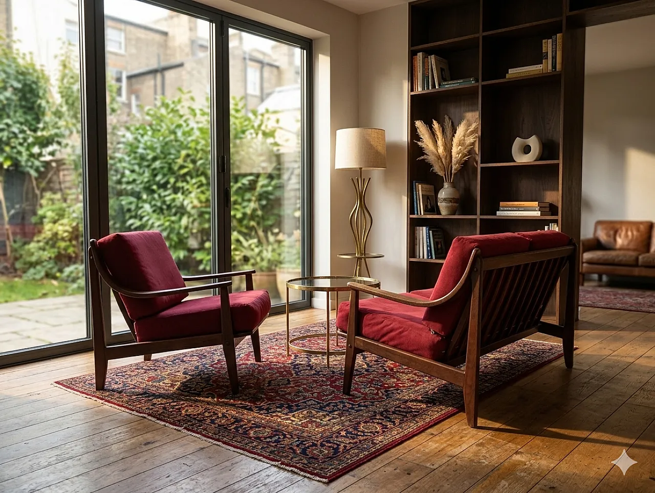 Pair of Mid-Century armchairs in wood and burgundy velvet, 60s 9