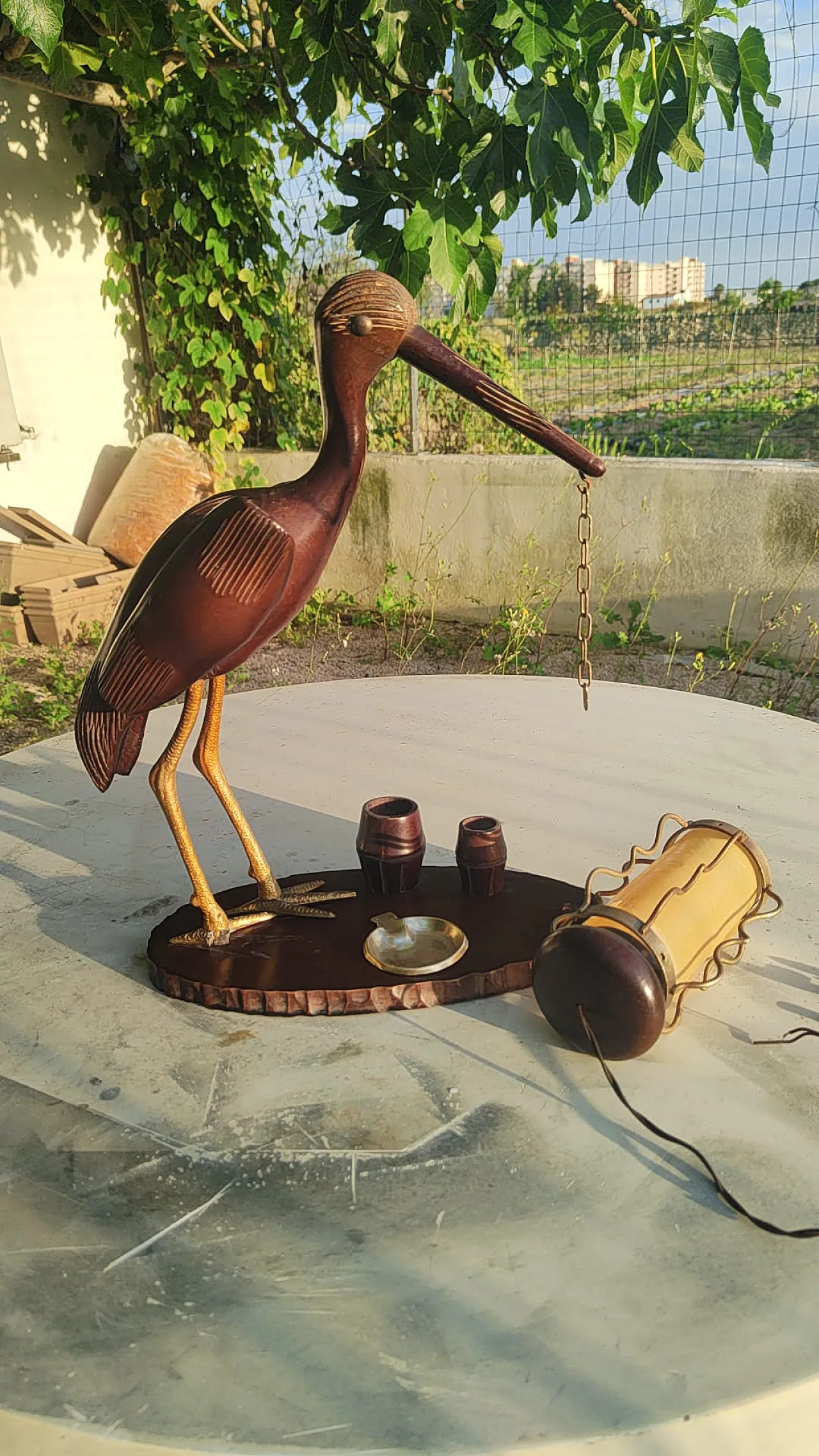 Wooden table lamp with sculpture, 50s 1165796