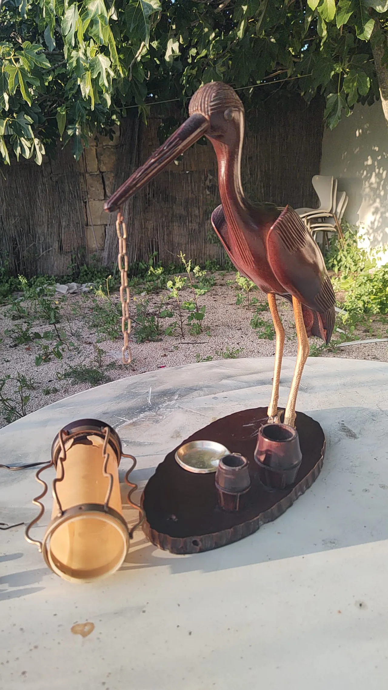 Wooden table lamp with sculpture, 50s 1165801