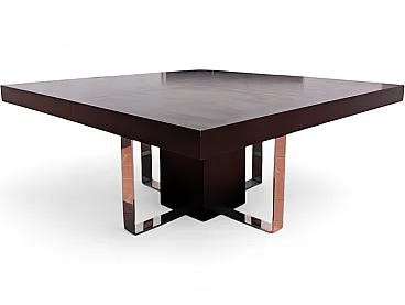 Large square dining table in wood and steel, 1970s/80s