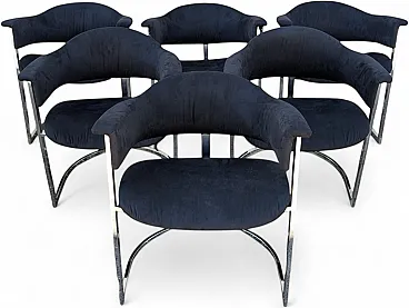 6 dining chairs in steel and black velvet, 1970s