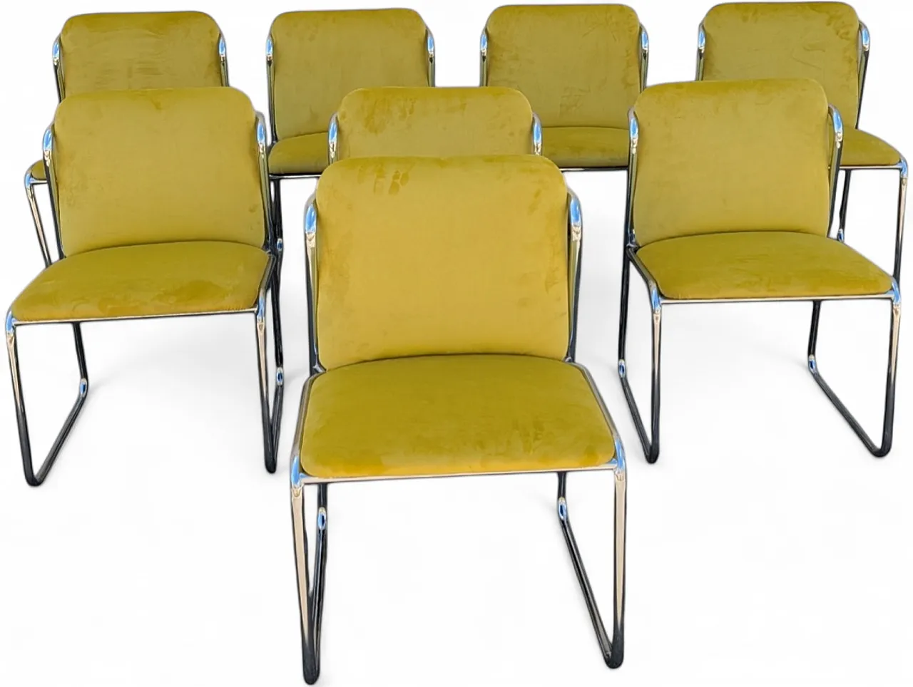 8 steel chairs with yellow velvet, 1970s 18