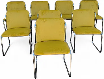 8 steel chairs with yellow velvet, 1970s