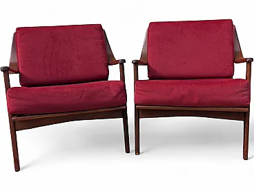 Coppia di poltrone Mid-Century in legno e velluto bordeaux, anni '60