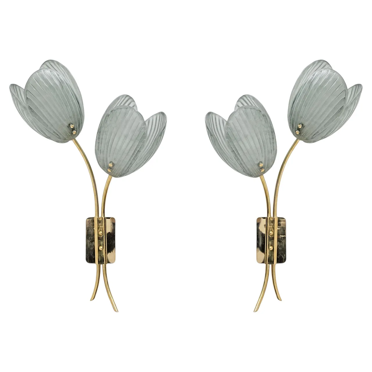 Pair of Tulips Murano glass and brass sconces, 20th century 1