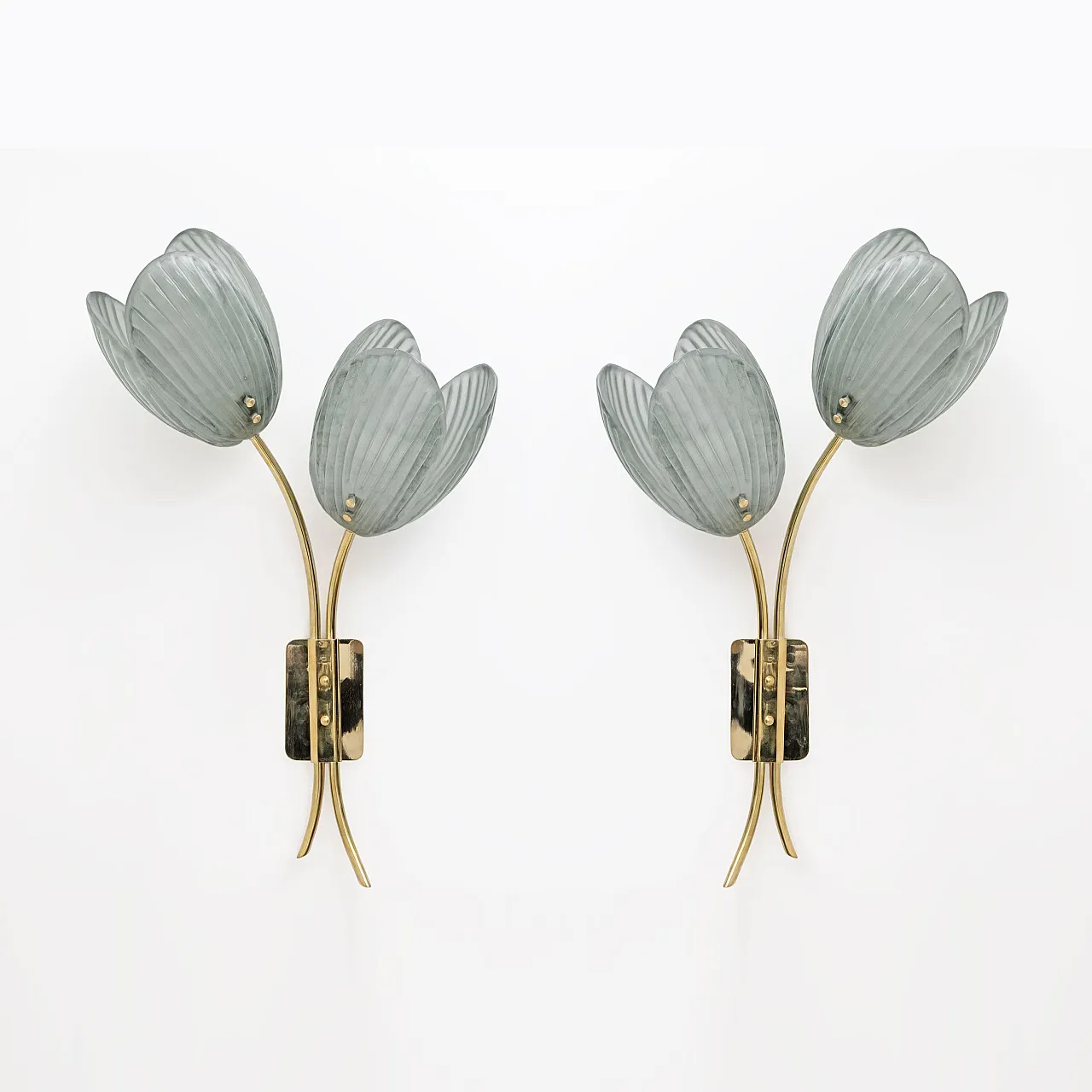 Pair of Tulips Murano glass and brass sconces, 20th century 2