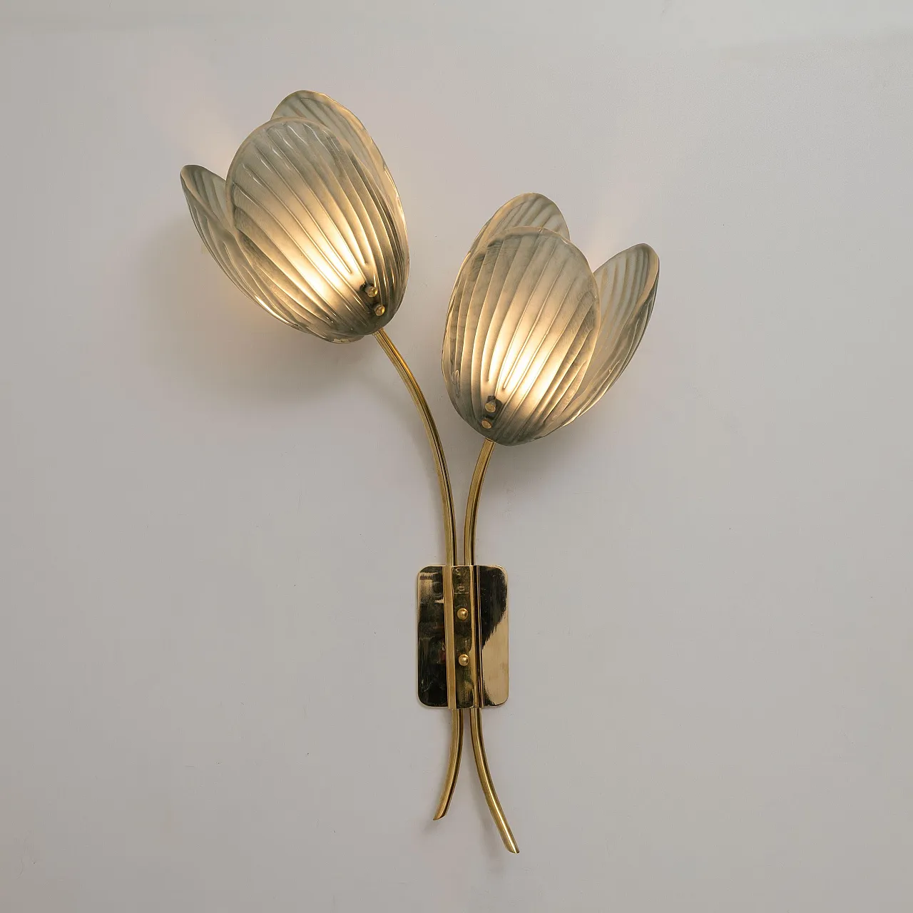 Pair of Tulips Murano glass and brass sconces, 20th century 4
