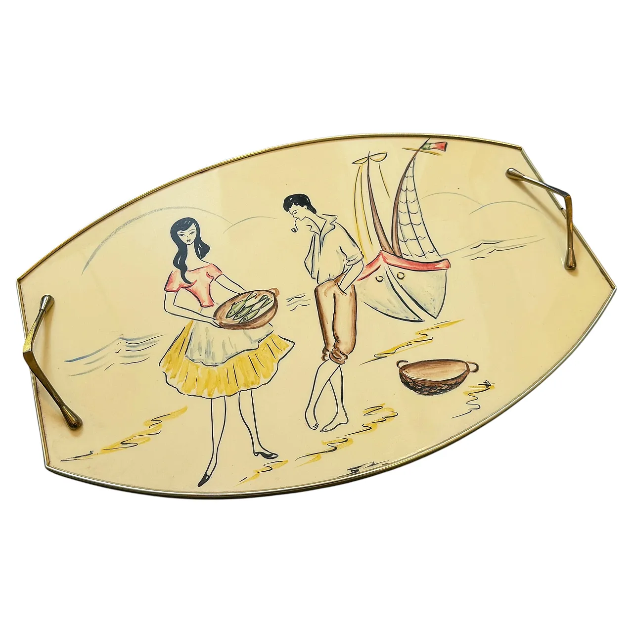 Mid-Century Modern brass and lacquered wood serving tray, 1950s 1