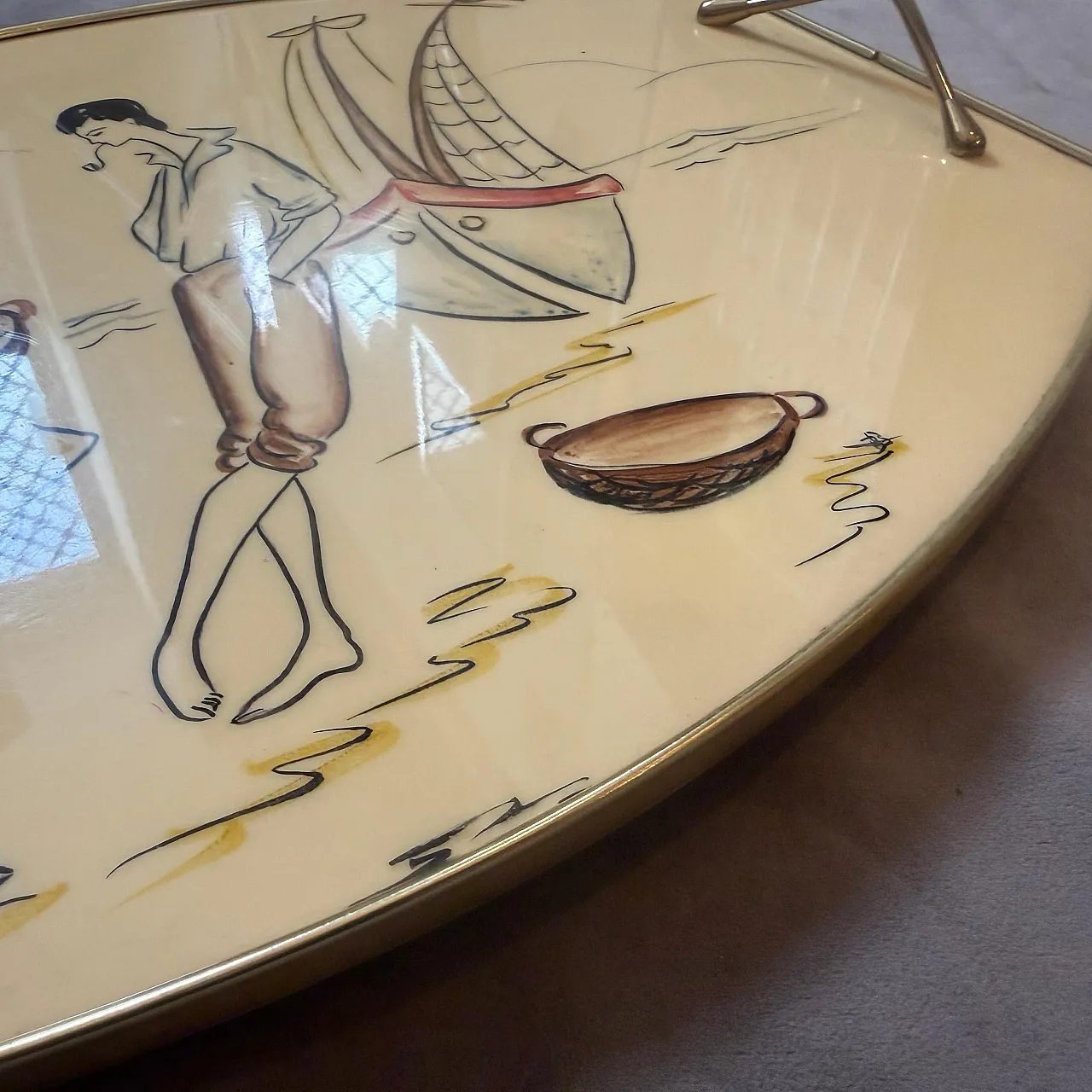 Mid-Century Modern brass and lacquered wood serving tray, 1950s 6