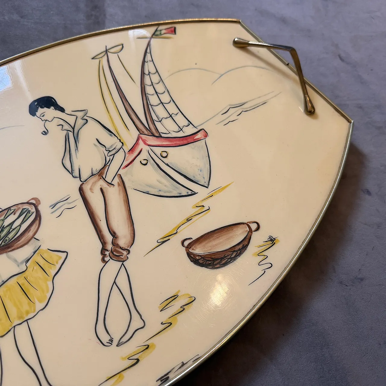 Mid-Century Modern brass and lacquered wood serving tray, 1950s 8