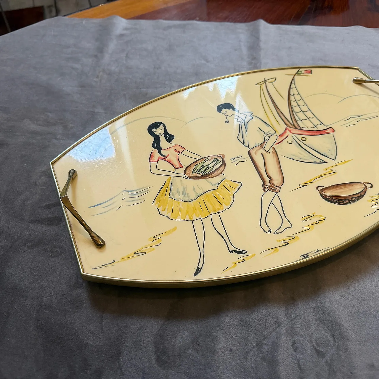 Mid-Century Modern brass and lacquered wood serving tray, 1950s 11