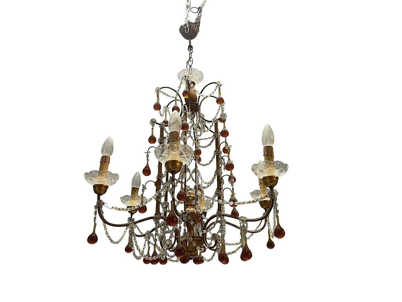 6-light chandelier in golden and amber Murano glass, Italy, 1950s 1