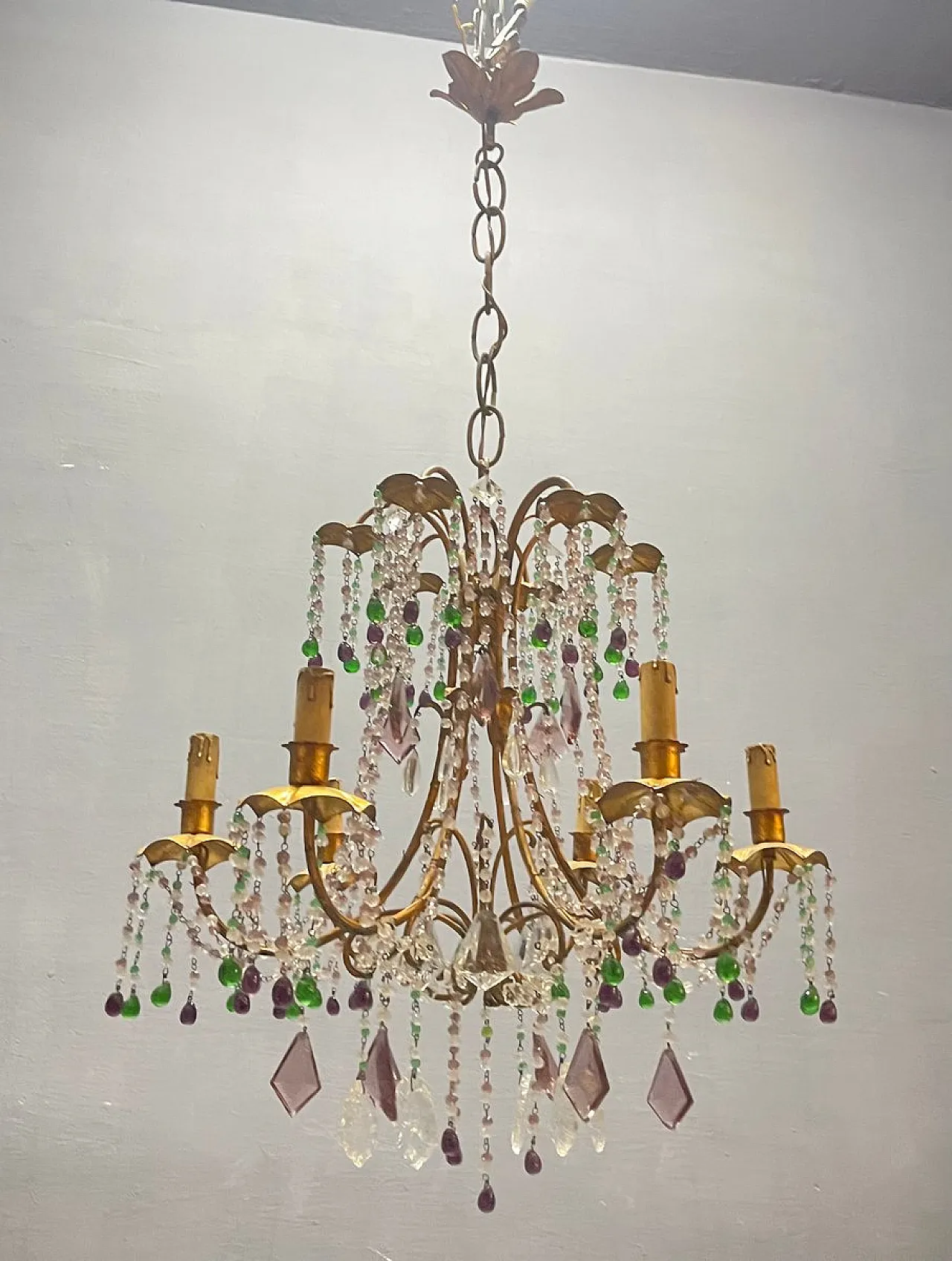 Tole 6-light chandelier in golden Murano glass, Florence, 1950s 5