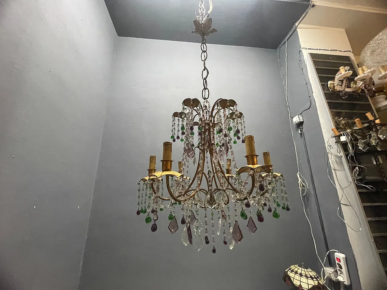Tole 6-light chandelier in golden Murano glass, Florence, 1950s 9