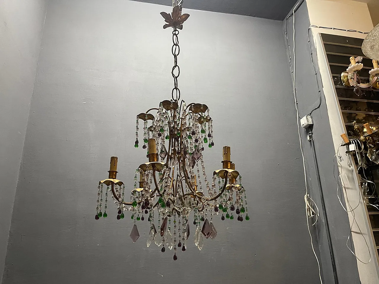 Tole 6-light chandelier in golden Murano glass, Florence, 1950s 16