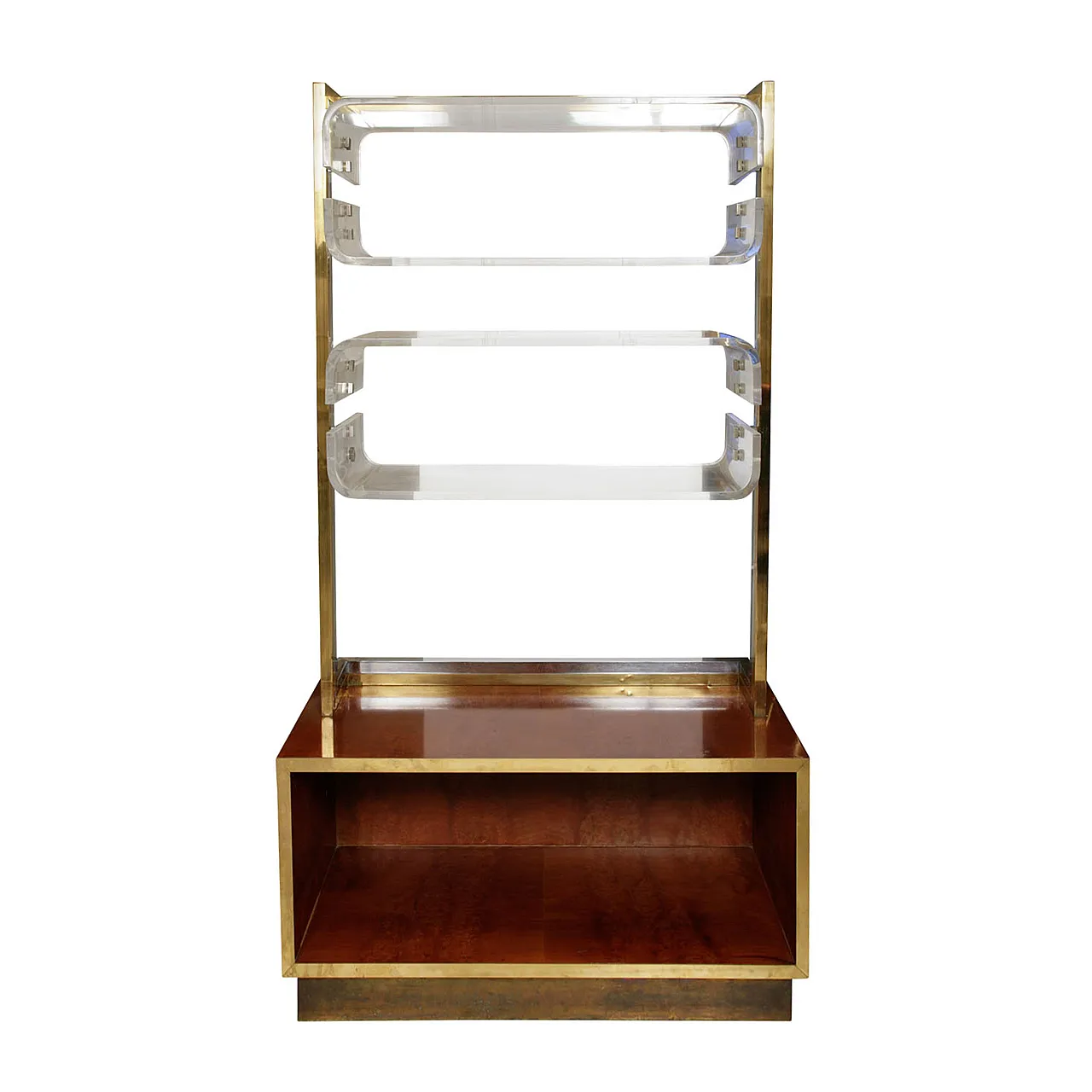 Bookshelf by Romeo Rega Burl Walnut  Brass, Chrome & Lucite, 70s 1