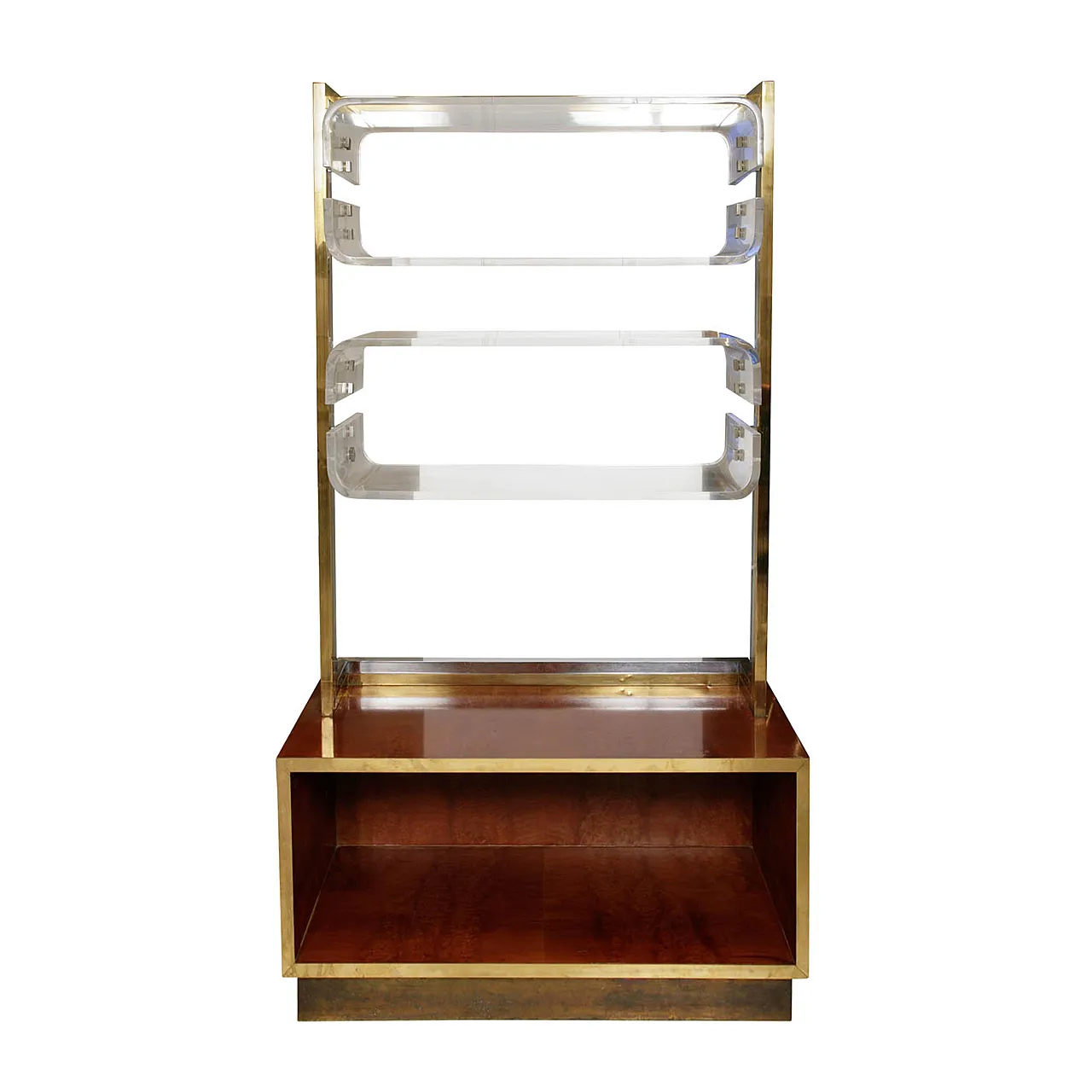 Bookshelf by Romeo Rega Burl Walnut  Brass, Chrome & Lucite, 70s 2
