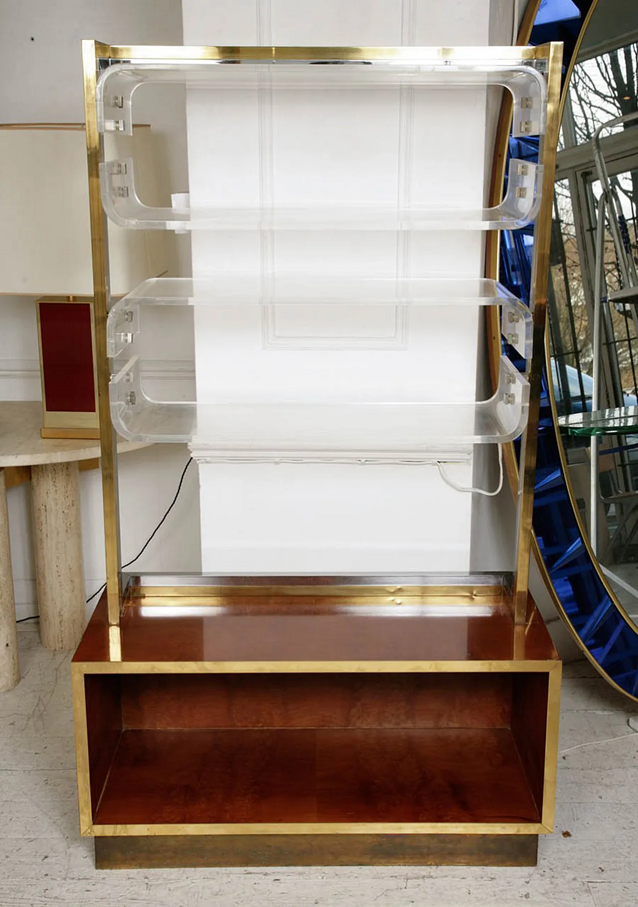 Bookshelf by Romeo Rega Burl Walnut  Brass, Chrome & Lucite, 70s 3