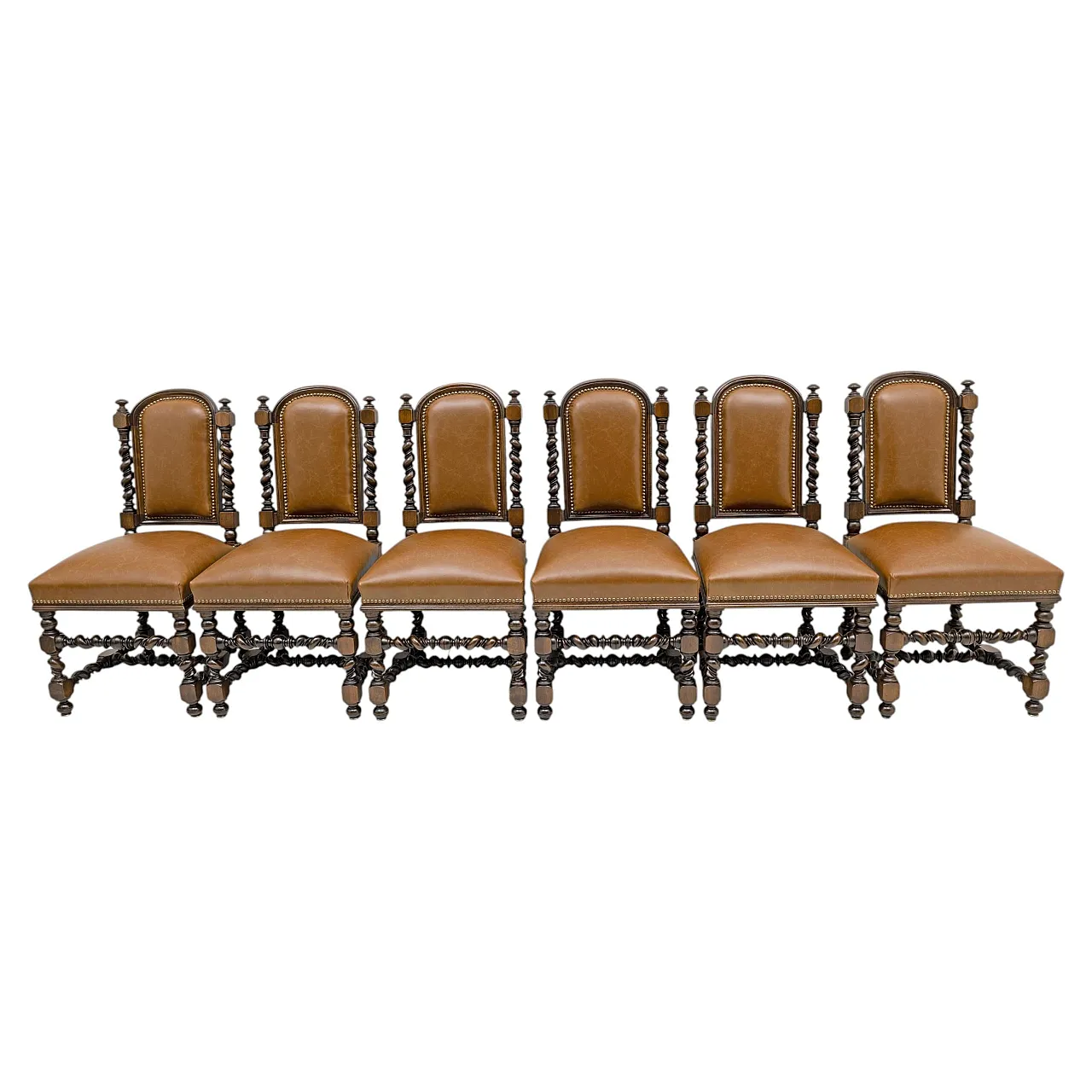 6 Neo-Renaissance walnut dining chairs in leather, late 19th century 1