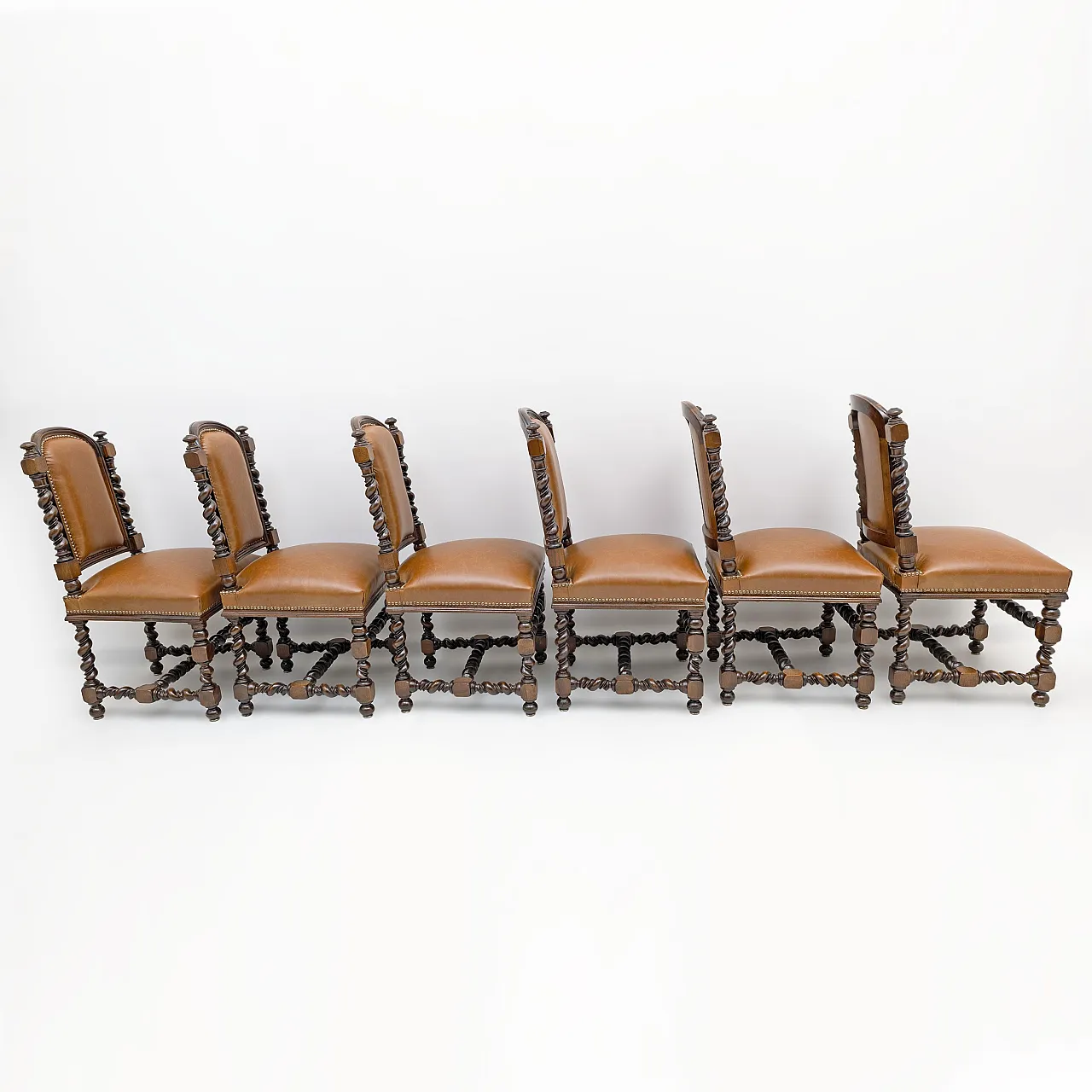 6 Neo-Renaissance walnut dining chairs in leather, late 19th century 3