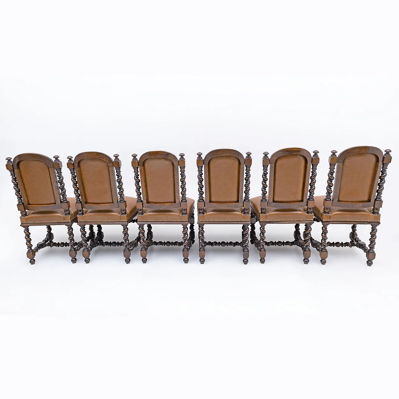 6 Neo-Renaissance walnut dining chairs in leather, late 19th century 8
