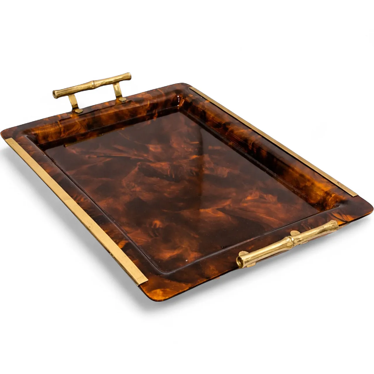 Vassoio bachelite tartaruga e ottone bamboo stile Gucci, Italia, 70s 9