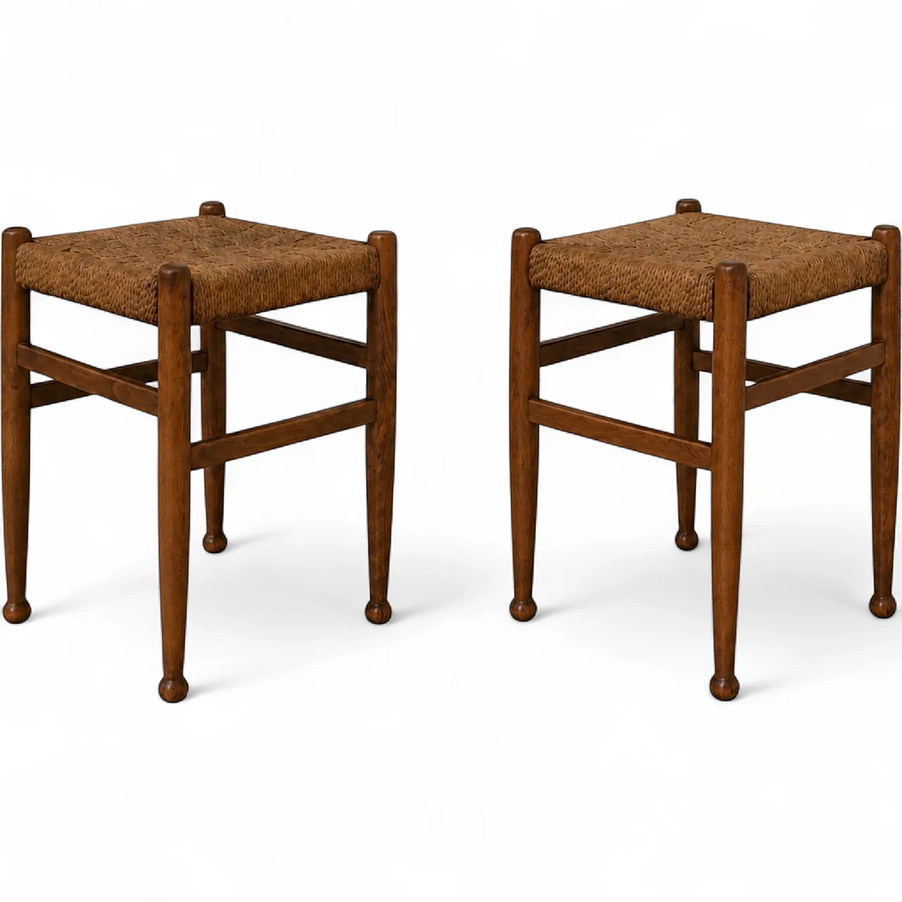 Coppia di sgabelliin legno e corda stile Charlotte Perriand, anni ’60 8