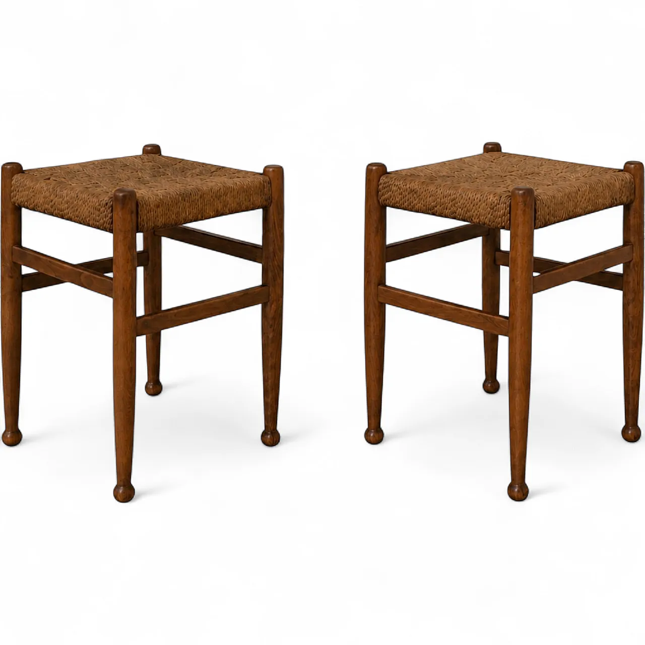 Coppia di sgabelliin legno e corda stile Charlotte Perriand, anni ’60 9
