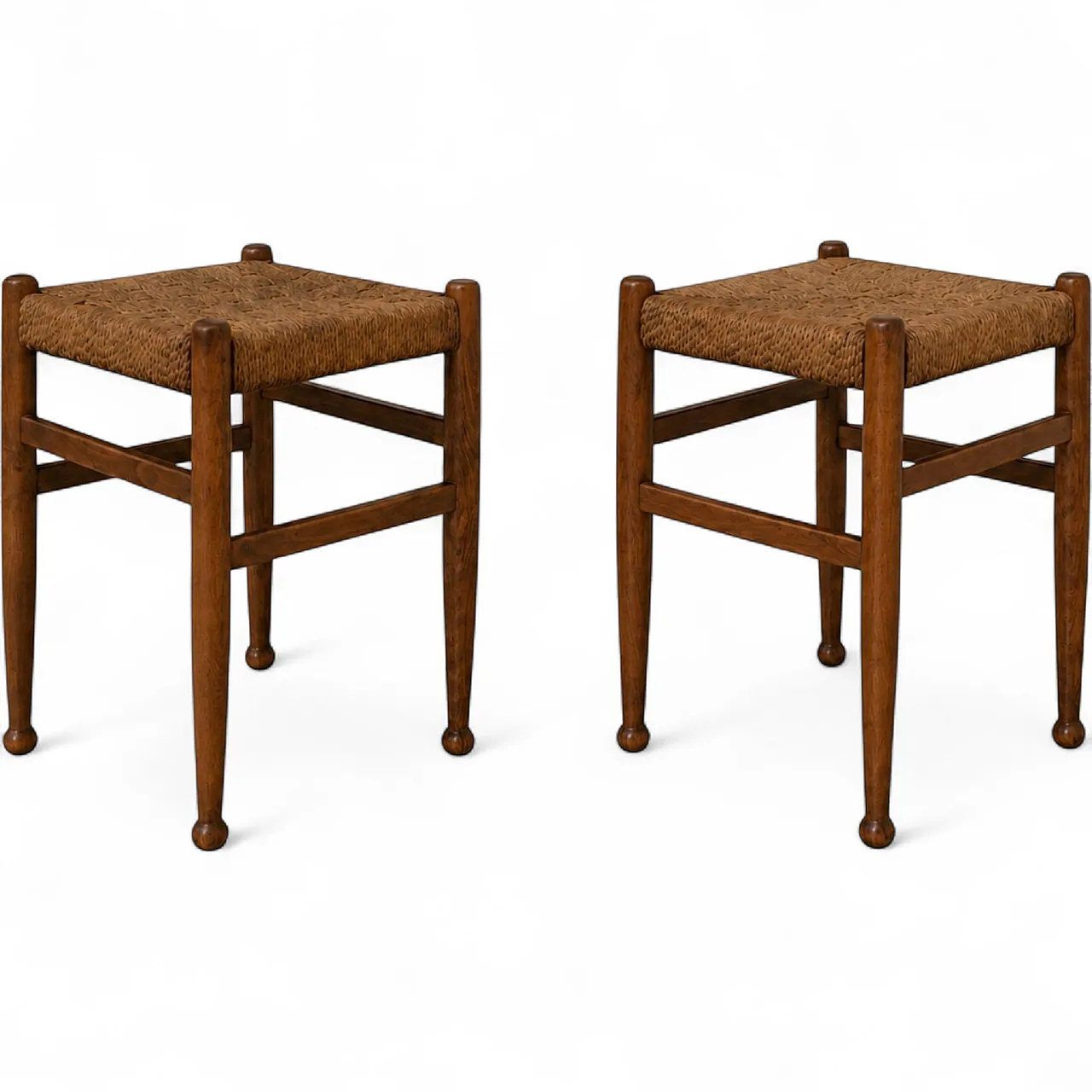 Coppia di sgabelliin legno e corda stile Charlotte Perriand, anni ’60 10