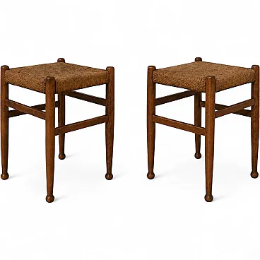 Coppia di sgabelliin legno e corda stile Charlotte Perriand, anni ’60