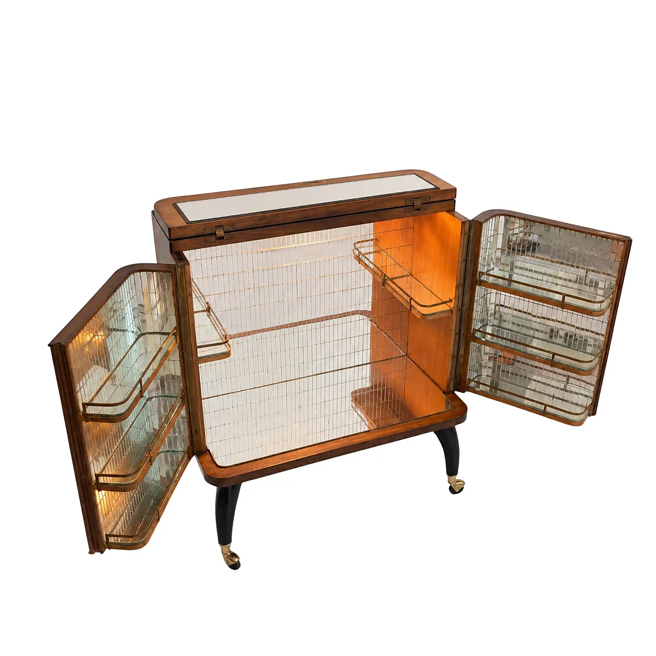 Italian 1950s illuminated bar cabinet in briarwood and mosaic mirror 1