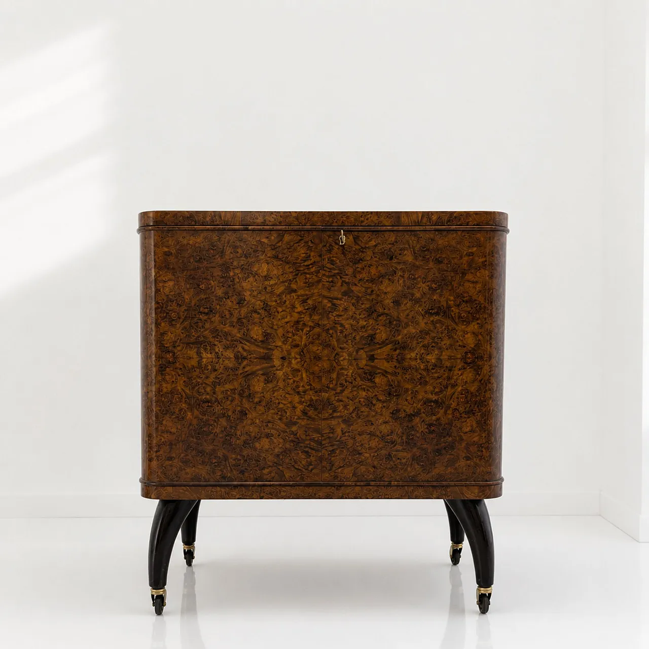 Italian 1950s illuminated bar cabinet in briarwood and mosaic mirror 5