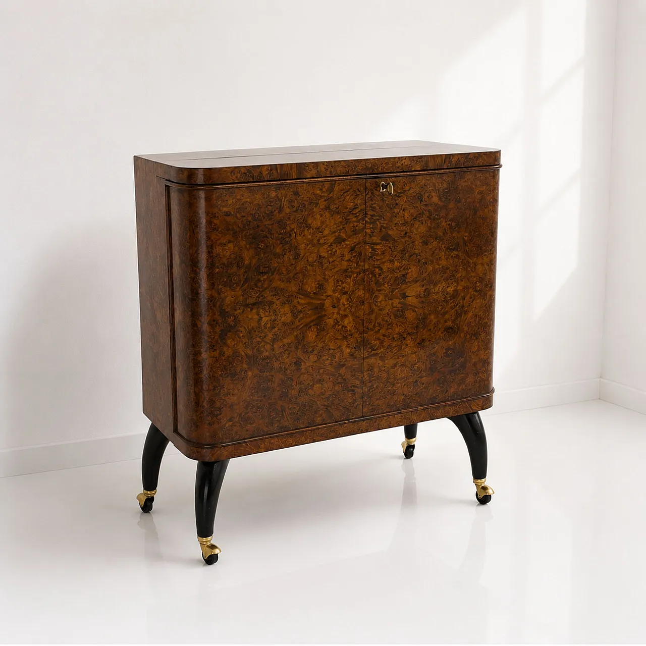 Italian 1950s illuminated bar cabinet in briarwood and mosaic mirror 7