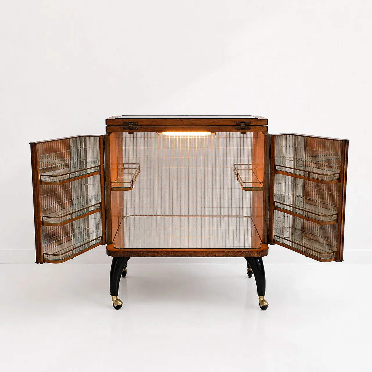 Italian 1950s illuminated bar cabinet in briarwood and mosaic mirror 11