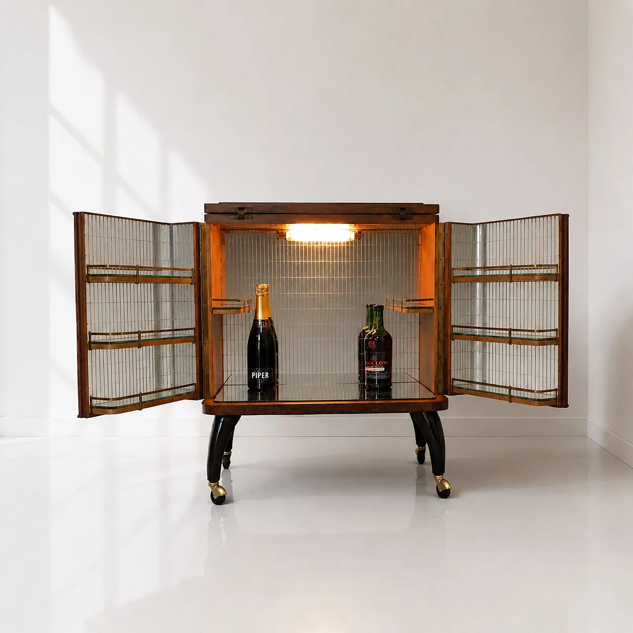 Italian 1950s illuminated bar cabinet in briarwood and mosaic mirror 12