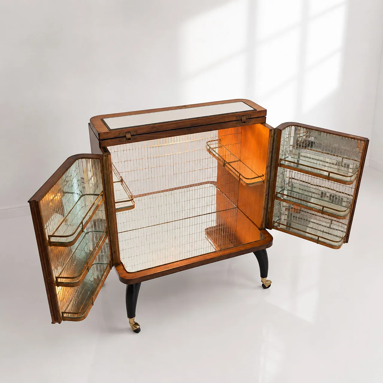 Italian 1950s illuminated bar cabinet in briarwood and mosaic mirror 14