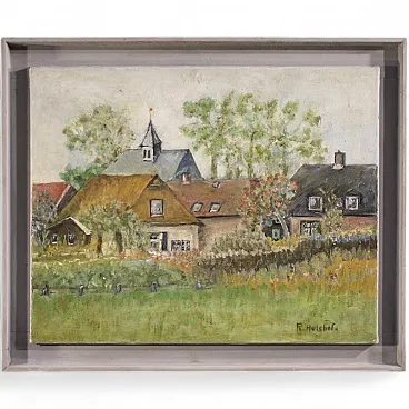 Dipinto olandese veduta di case in stile impressionista
