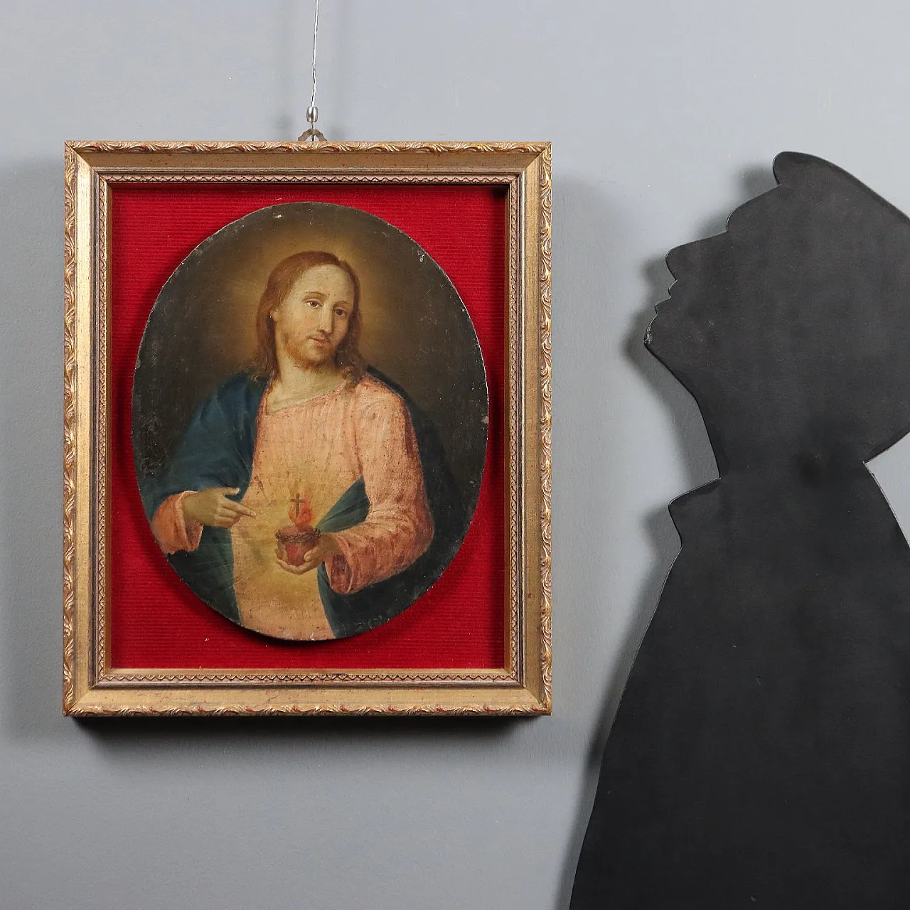 Sacred Heart of Jesus painting, oil on panel, 19th century 2